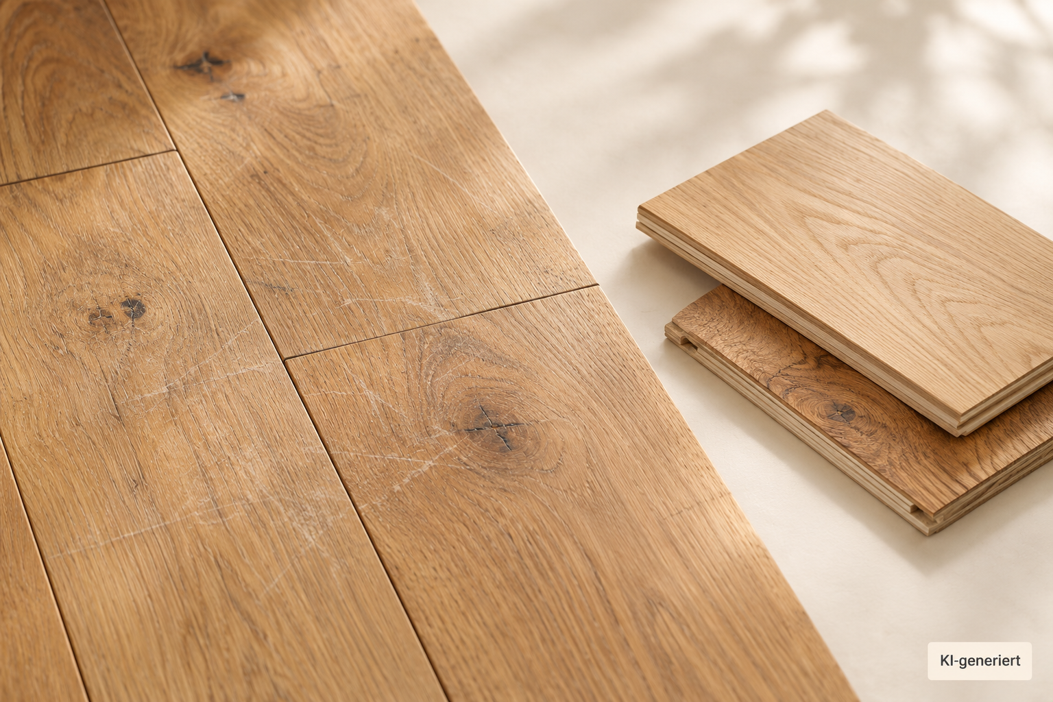 KI-generierte Illustration: Parkett mit Gebrauchsspuren neben zwei Holzmustern.